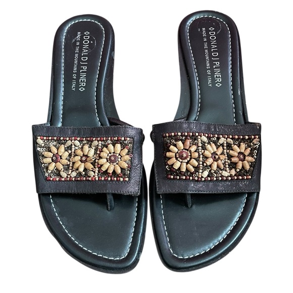 Donald J Pliner Slide Sandals Beaded Floral Italy Brown Tan Women’s Size 10 - Picture 2 of 6